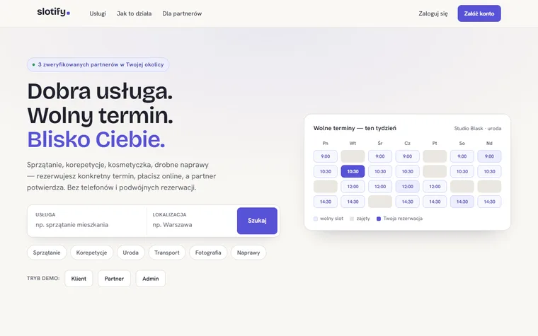 Slotify — strona główna z kalendarzem wolnych terminów